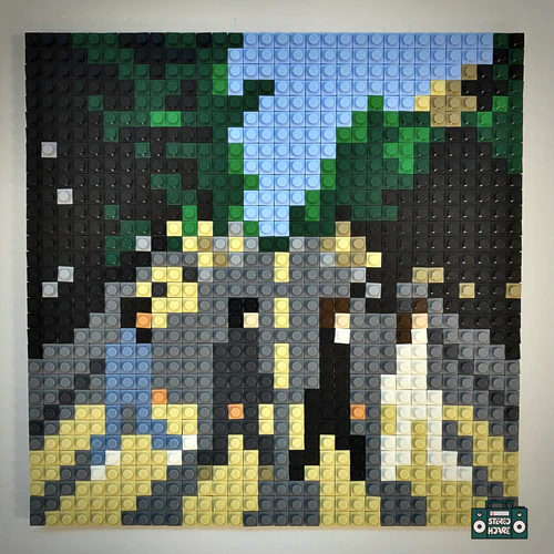 A crudely pixellated version of the cover of the album "Abbey Road", done in lego blocks
