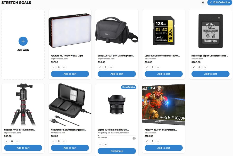 Screenshot of “Stretch Goals” category on Throne showing the products listed below.