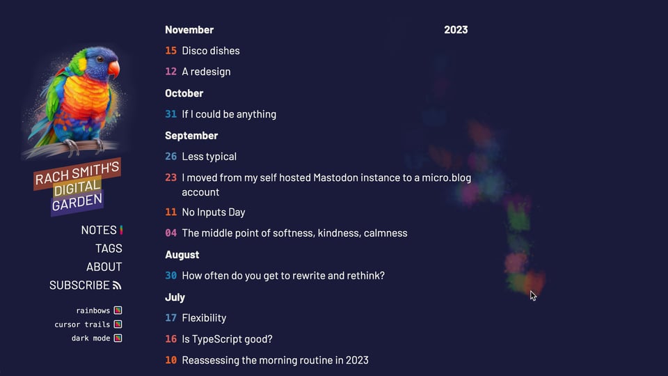 Rach’s website in dark mode with a dark blue background