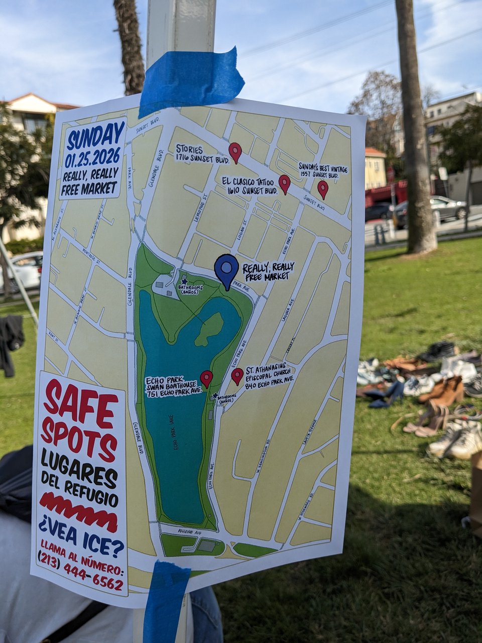A flyer with a map of the Echo Park Lake, alerting people of safe spots while ICE is terrorizing the neighborhood