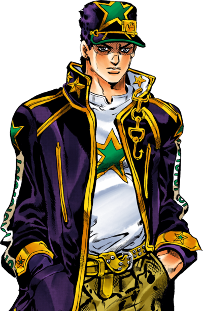 a man in a purple jacket and green pants