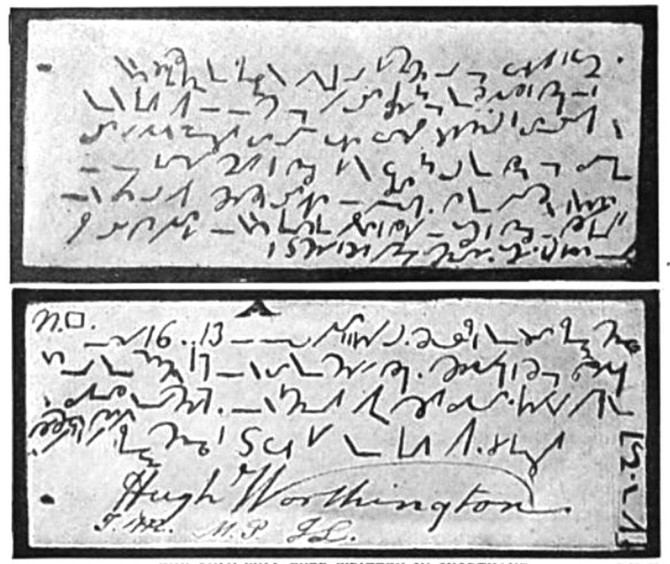 A scan of both sides of a small rectangular card covered in shorthand