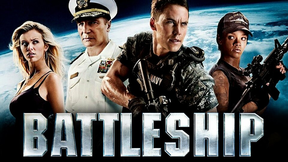 A movie poster for Battleship featuring a white lady in a tank top, a white guy in a naval officer uniform, a white guy in combag fatigues with a gun, and Rihanna wearing a navy hat and tanktop carrying a rifle. They're standing in front of the planet Earth