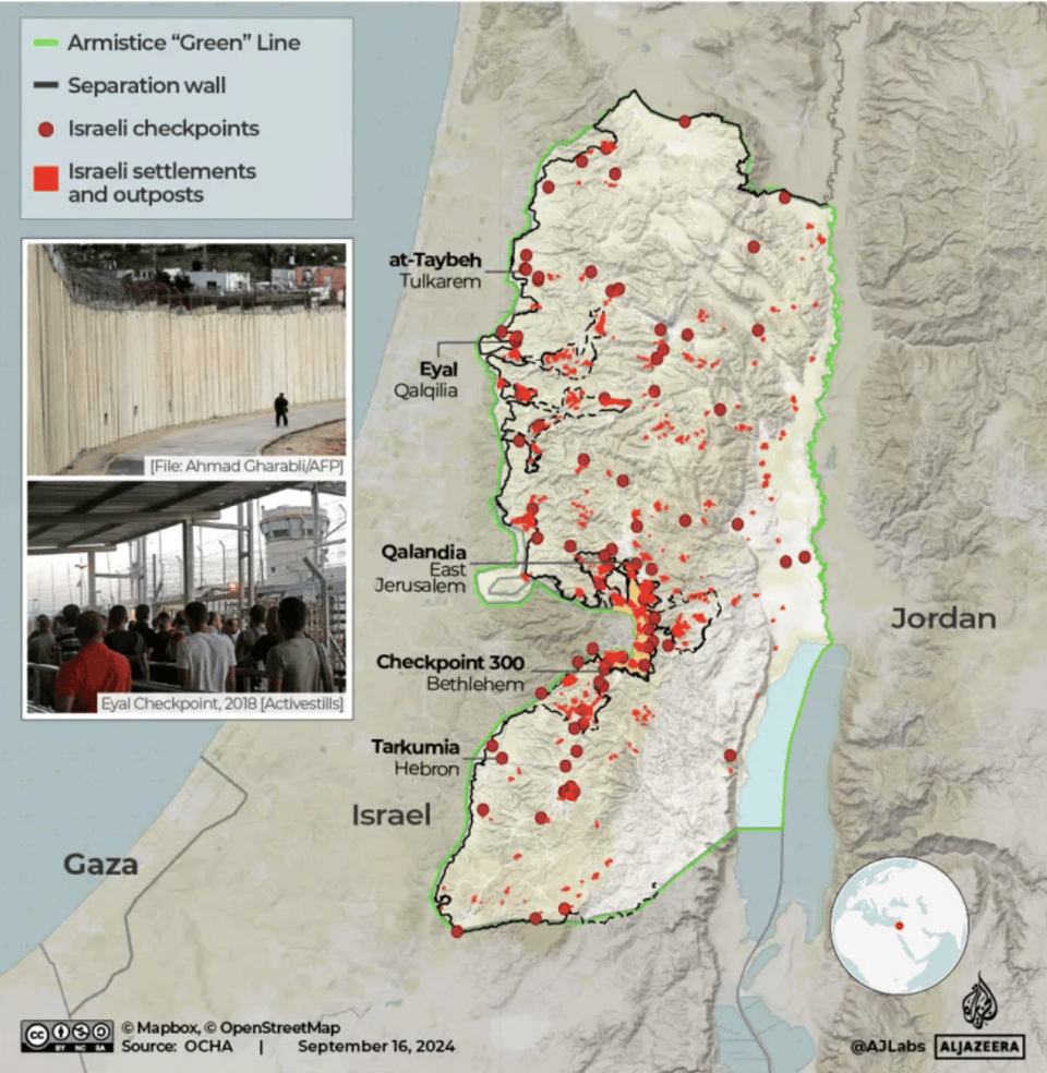A map of the West Bank showing the location of many checkpoints and many Israeli settlements