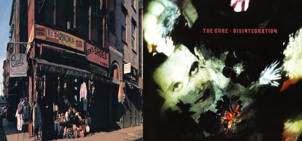 First pic: A photograph of a street corner in New York. There is a store called Paul's Boutique on the corner, as indicated by the sign that hangs over the sidewalk to the left. Above the store is a tall brick edifice, presumably apartments. On the sidewalk are clothes hanging from awning as a display, as well as a table with all sorts of objects on it, but difficult to identify any one object. There are two additional signs on the building, just below the brick edifice: "Lee's Sportswear" and "Ben's Shoes.” Second pic: We see the face of The Cure singer Robert Smith, with pale white skin, black hair, black eyeshadow, and red lips. (He's one of the most Gothiest men alive.) Around him are images of flowers. The photo has a sense of distortion, because I believe it's actually a projection onto a wall or another surface.