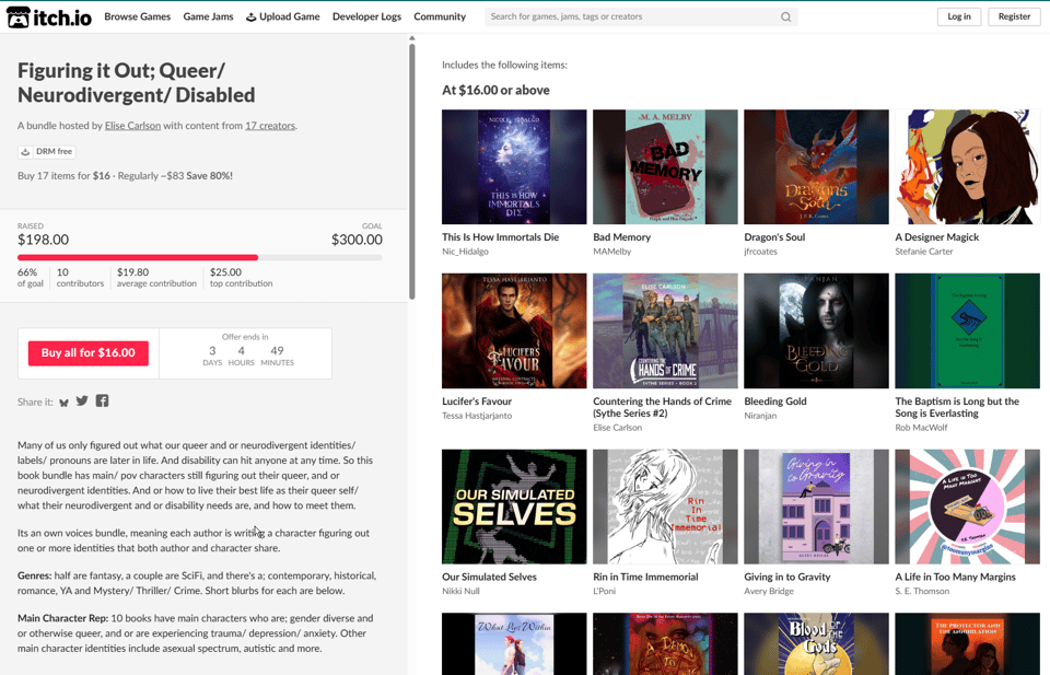 A screenshot from the itch.io bundle page, "Figuring it Out; Queer/Neurodivergent/Disabled
