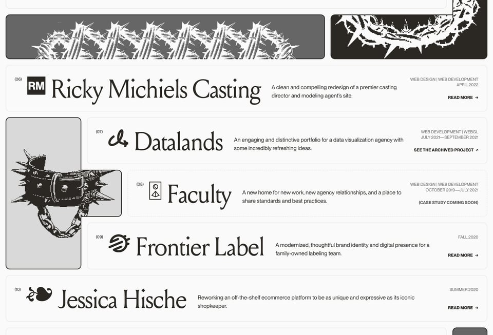 The Work page – showcasing client work for Ricky Michiels Casting, Datalands, Faculty, Frontier Label, and Jessica Hische
