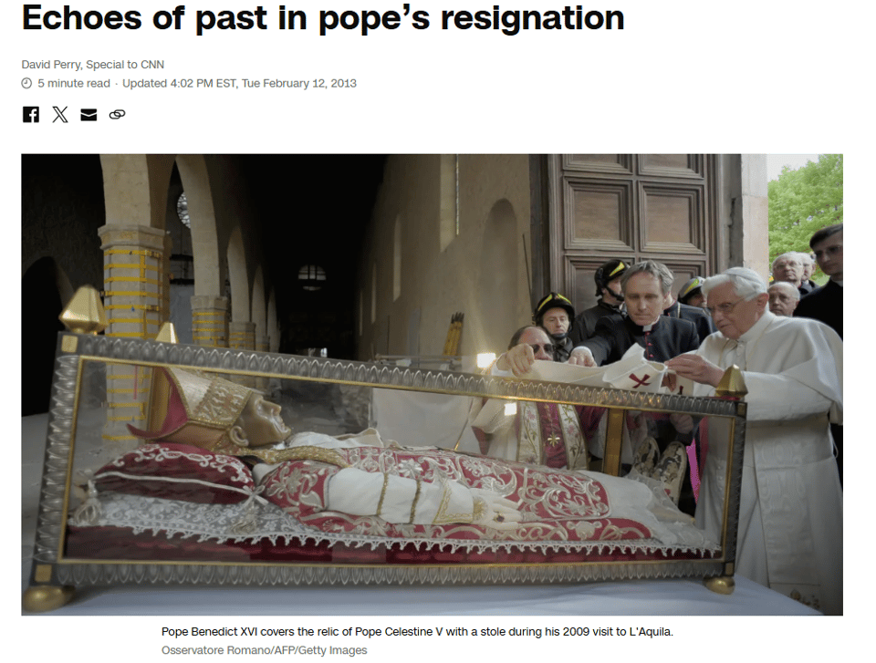 A screenshot showing Pope Benedict laying a white cloth on a glass casket with a body inside. It's a screenshot from CNN, so shows the title