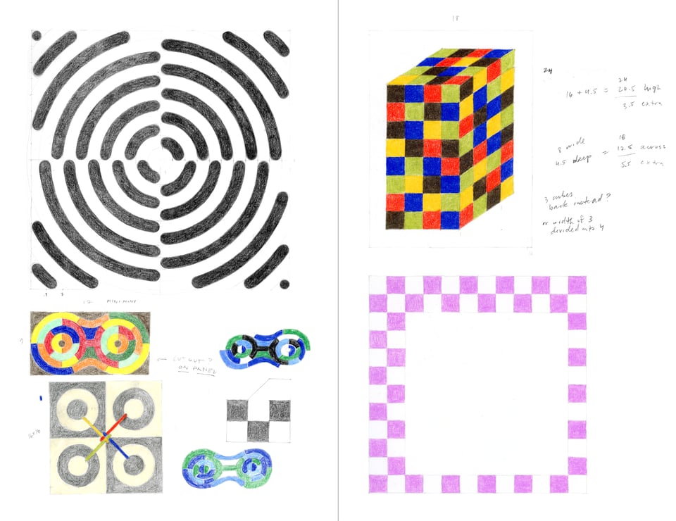 Two pages with geometric colored pencil drawings and notes