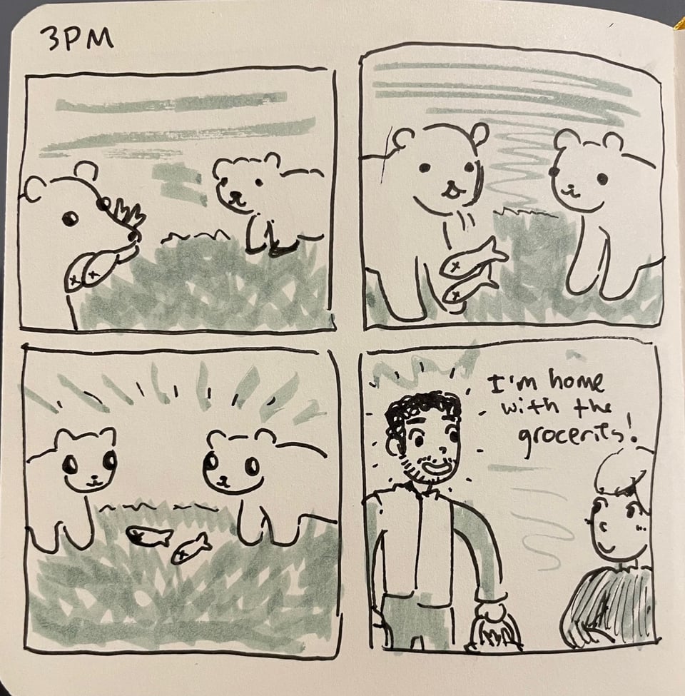 3 PM comic about a bear bringing home fish to share with its bear mate