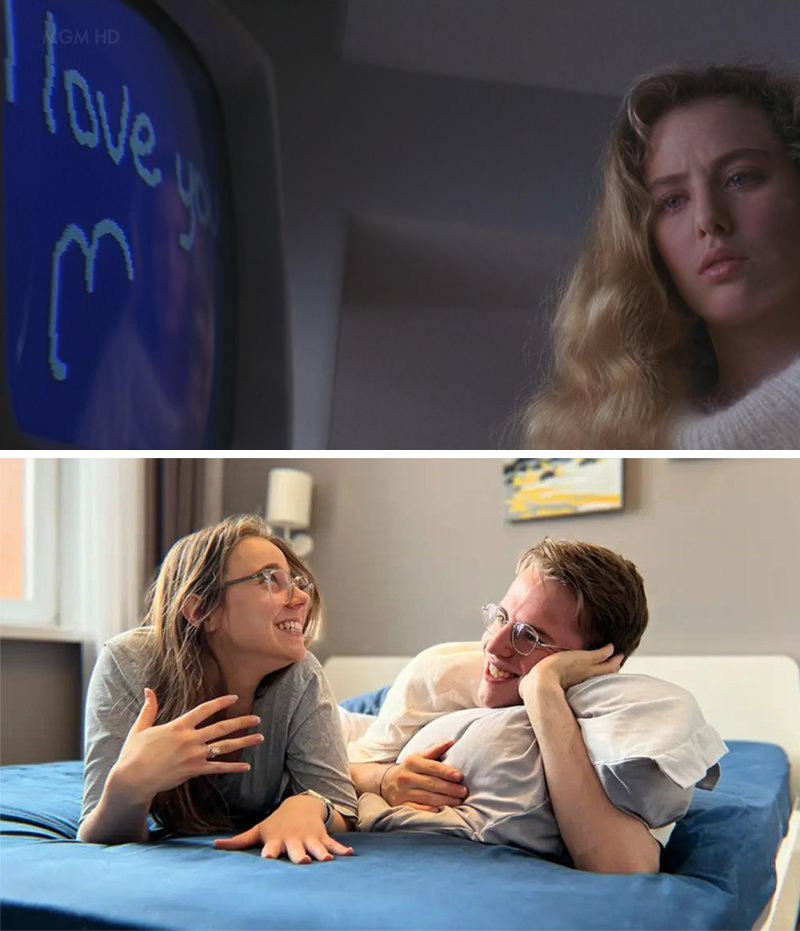 film fill of Virginia Madsen walking up to computer that has fallen in love with her in the movie Electric Dreams, photo of Russian couple that met through his abuse of ChatGPT