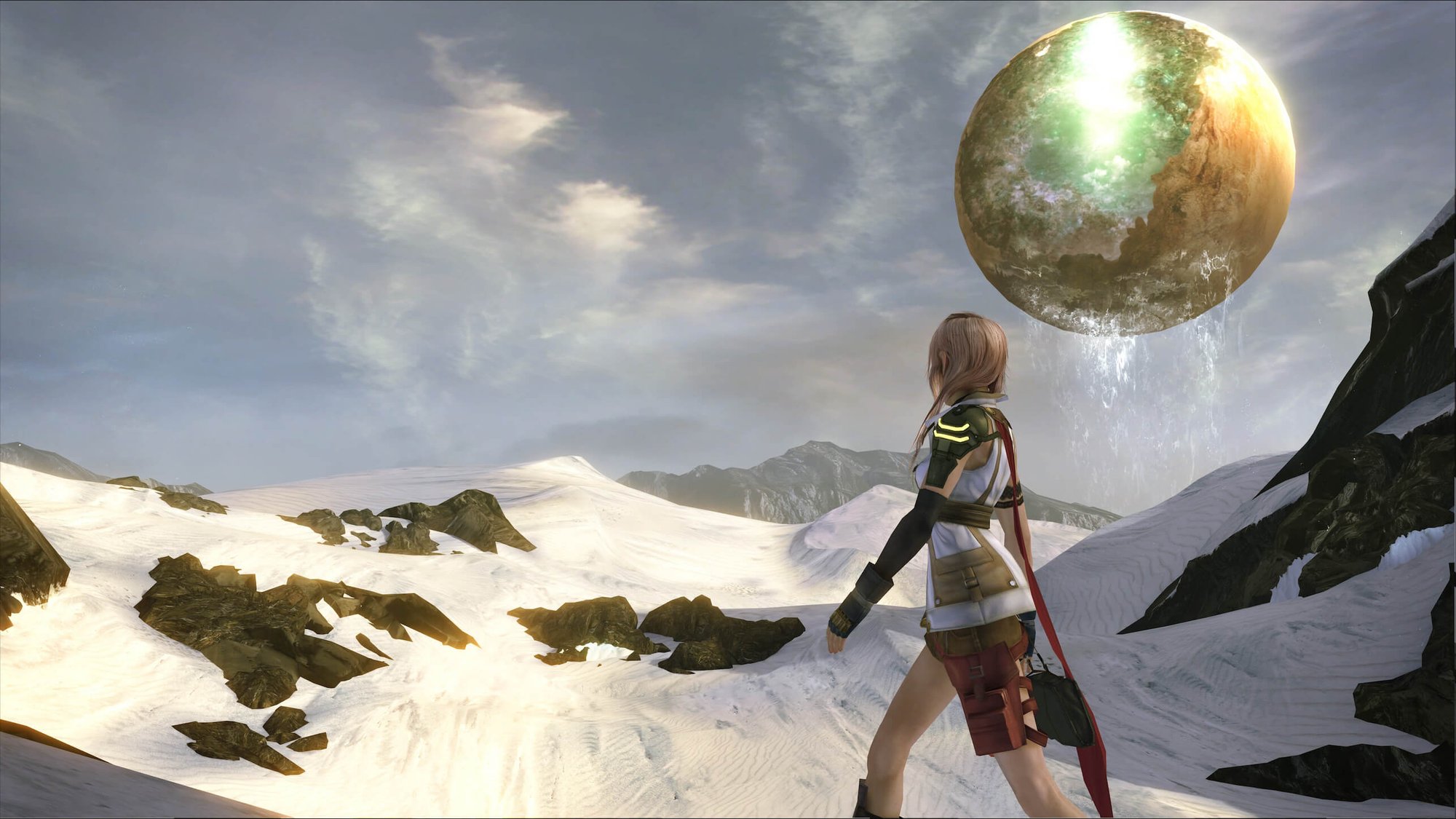 Lighting from FFXIII, gazing at a broken moon over a snow covered landscape.