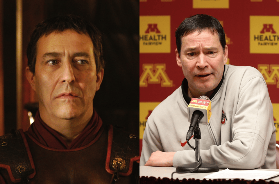Ciarán Hinds as Julius Caesar (left); Ohio State head coach Kevin McGuff (right)