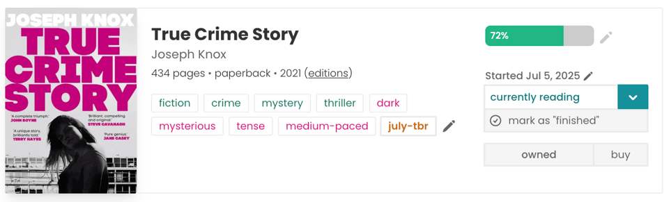 I’m currently reading True Crime Story by Joseph Knox. I’ve read 72% of the 434-page paperback, which I started on July 5, 2025. It’s tagged with themes like fiction, crime, mystery, thriller, dark, mysterious, tense, and medium-paced, and it’s on my July TBR. The cover shows a black-and-white photo of a woman with bold magenta text overlaid.