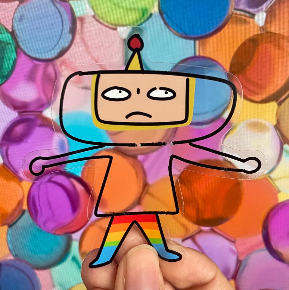 Crudely draw sticker of Jungle from the katamari series, but his body is completely transparent. He is being held in front of a multicolored background.