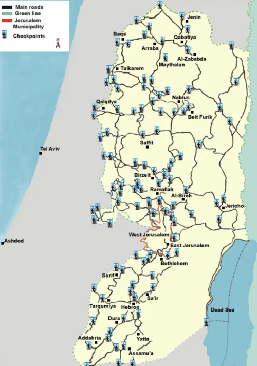 A map of the West Bank with checkpoints strewn throughout the territory
