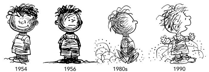 Four images of the Peanuts charachter Pigpen, showing his evolution from 1954 to 1990, a time period that spans the rise of food allergies, which some people blame on a lack of dirt in early life.