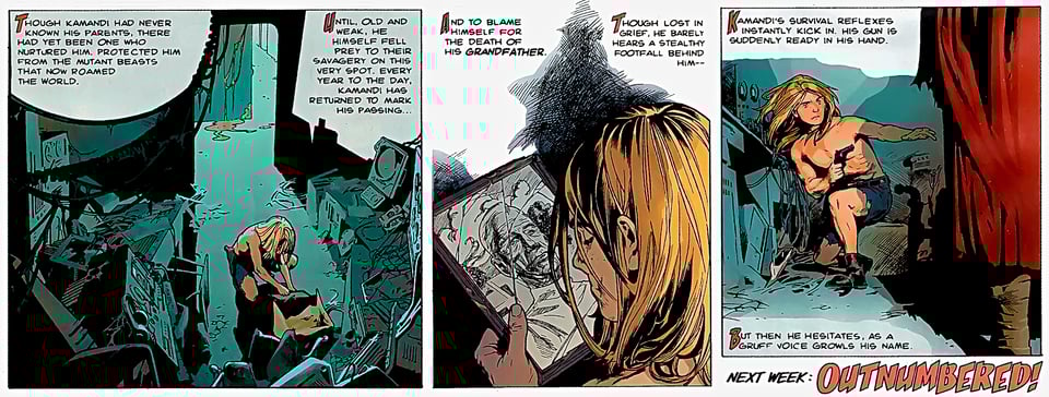 Three panels from Kamandi, the Last Boy on Earth, showing Kamandi rooting through the debris of his former home before finding a picture of his dead grandfather. In the final panel, Kamandi has heard a noise and drawn his pistol on an unseen foe.