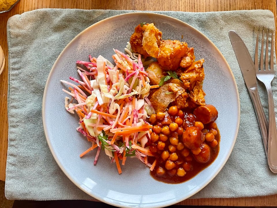 Beige food plus coleslaw