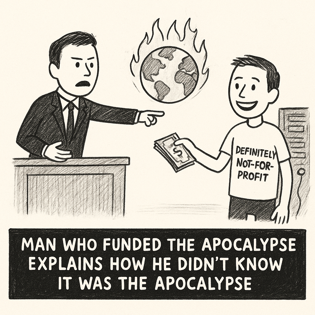 MAN WHO FUNDED THE APOCALYPSE EXPLAINS HOW HE DIDN'T KNOW IT WAS THE APOCALYPSE.