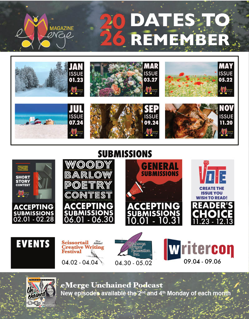 A listing of events for the full calendar email, found in full form at https://emerge-magazine.com/calendar/ .