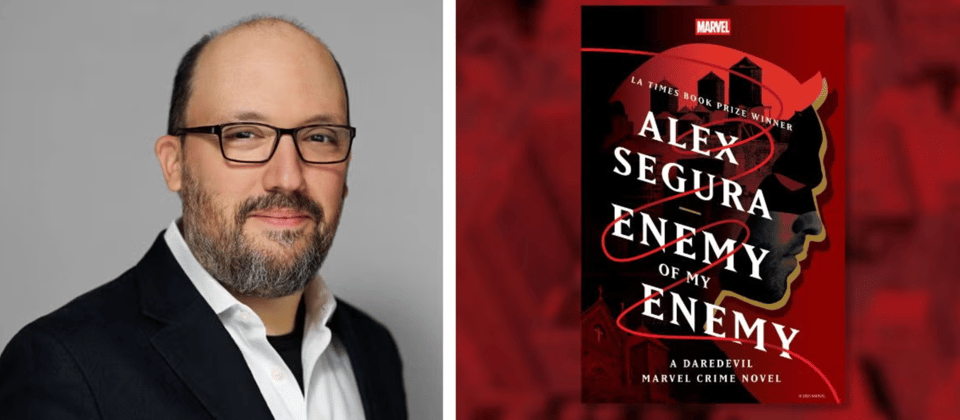 Alex Segura and the cover to Enemy of My Enemy, a Daredevil crime novel