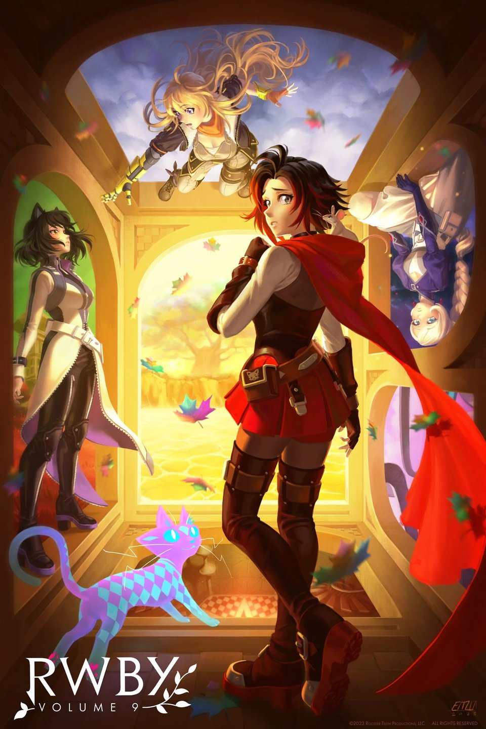 Poster for RWBY Volume 9, showing the four leads plus The Curious Cat and Little the mouse in a strange 'room' with each wall as well as the floor and ceiling opening to a different realm and exerting their own gravity.