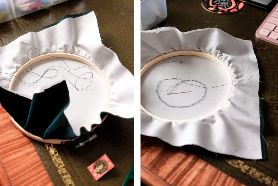 A collage of 2 photos showing the fabric in the embroidery hoop, and sewing the fabric around the frame