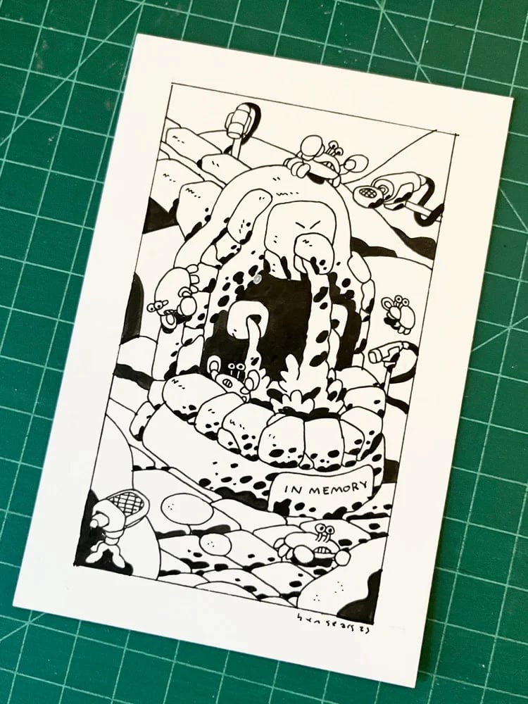 black and white drawing of a fountain in the desert, surrounded by crabs and microphones