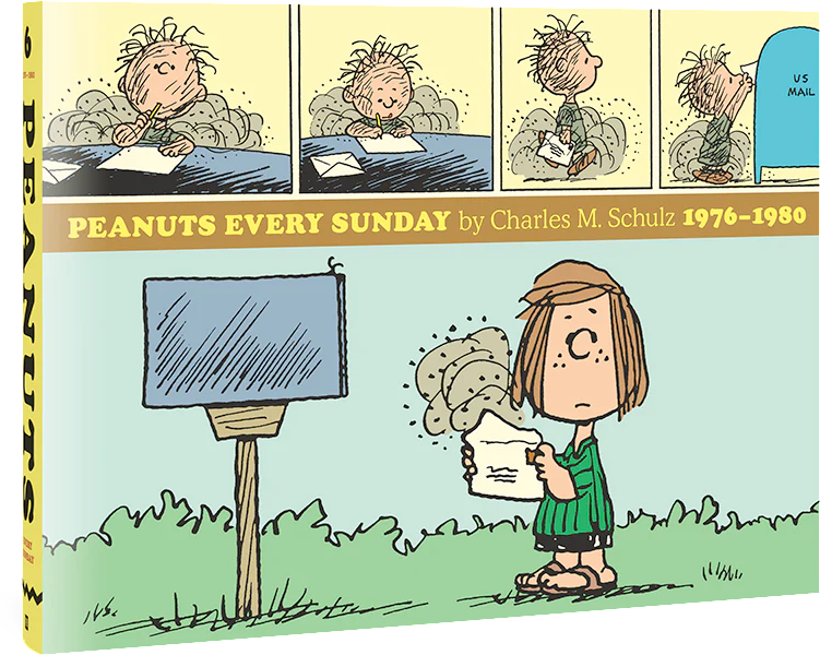 Cover book of Peanuts Every Sunday by Charles M Schulz 1976–1980 showing Pigpen writing a letter in his usual cloud of dust, carrying to a post office box, and then Peppermint Patty opening up the letter and a dust cloud emerging.