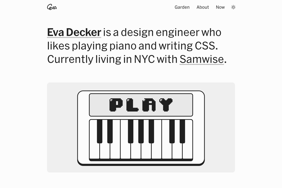 The home page, which introduces Eva and shows a little keyboard with the word “play” written on it.