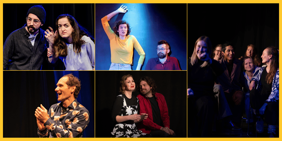 a collage of different actors on a stage, laughing, having emotions,