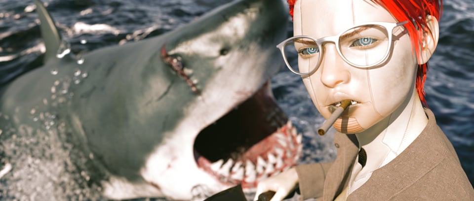 A cyborg woman with glowing red hair, smoking a cigarette, on a boat, with a great white shark in the background. A parody of a famous scene from the movie Jaws.