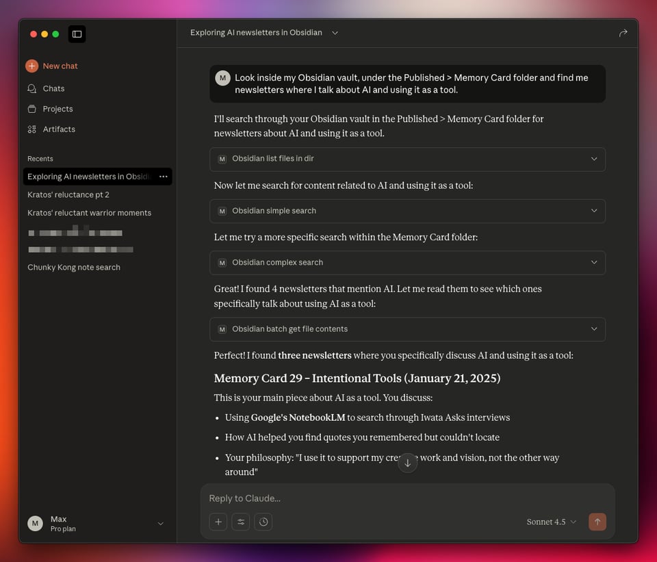 A screenshot of the Claude desktop app searching the Memory Card newsletter archives for previous letters about AI. Oh the irony.