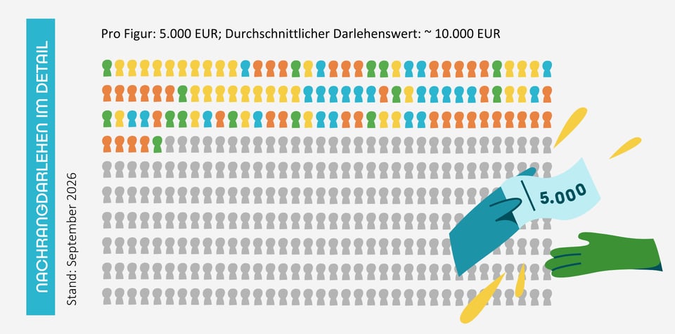 Nachrangdarlehen im Detail. Grafik von vielen kleinen bunten Figuren, die jeweils Direktkreditgeber:innen darstellen.