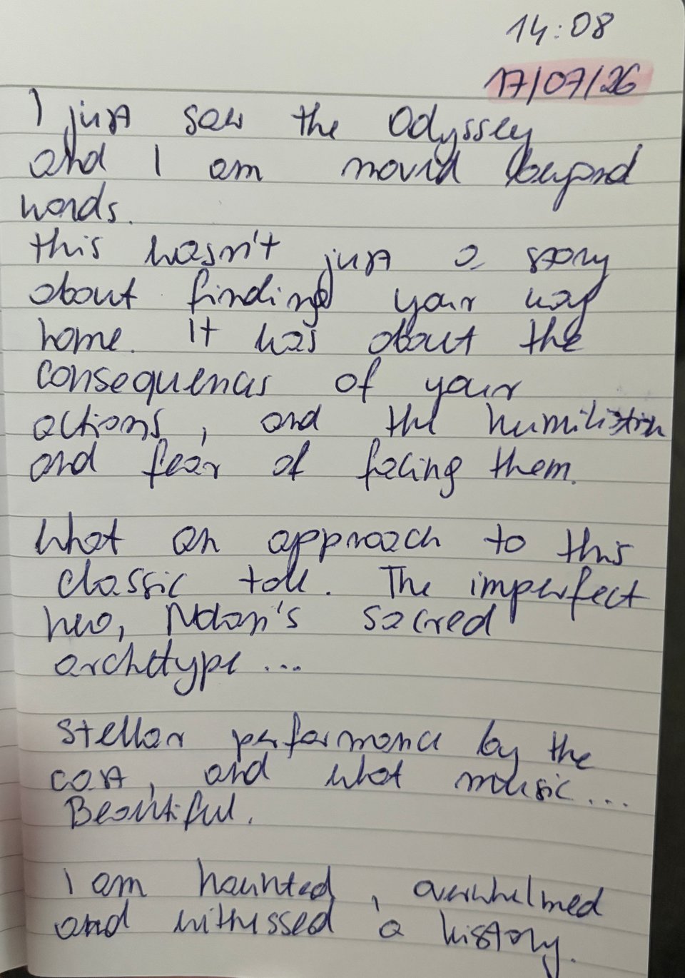 A page of handwritten notes in my notebook, filled with thoughts, ideas, and observations from my train ride home.