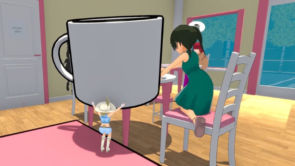 Screenshot of a video game, in which a tiny woman holds a gigantic coffee mug, preparing to leap from a counter onto a customer's table.