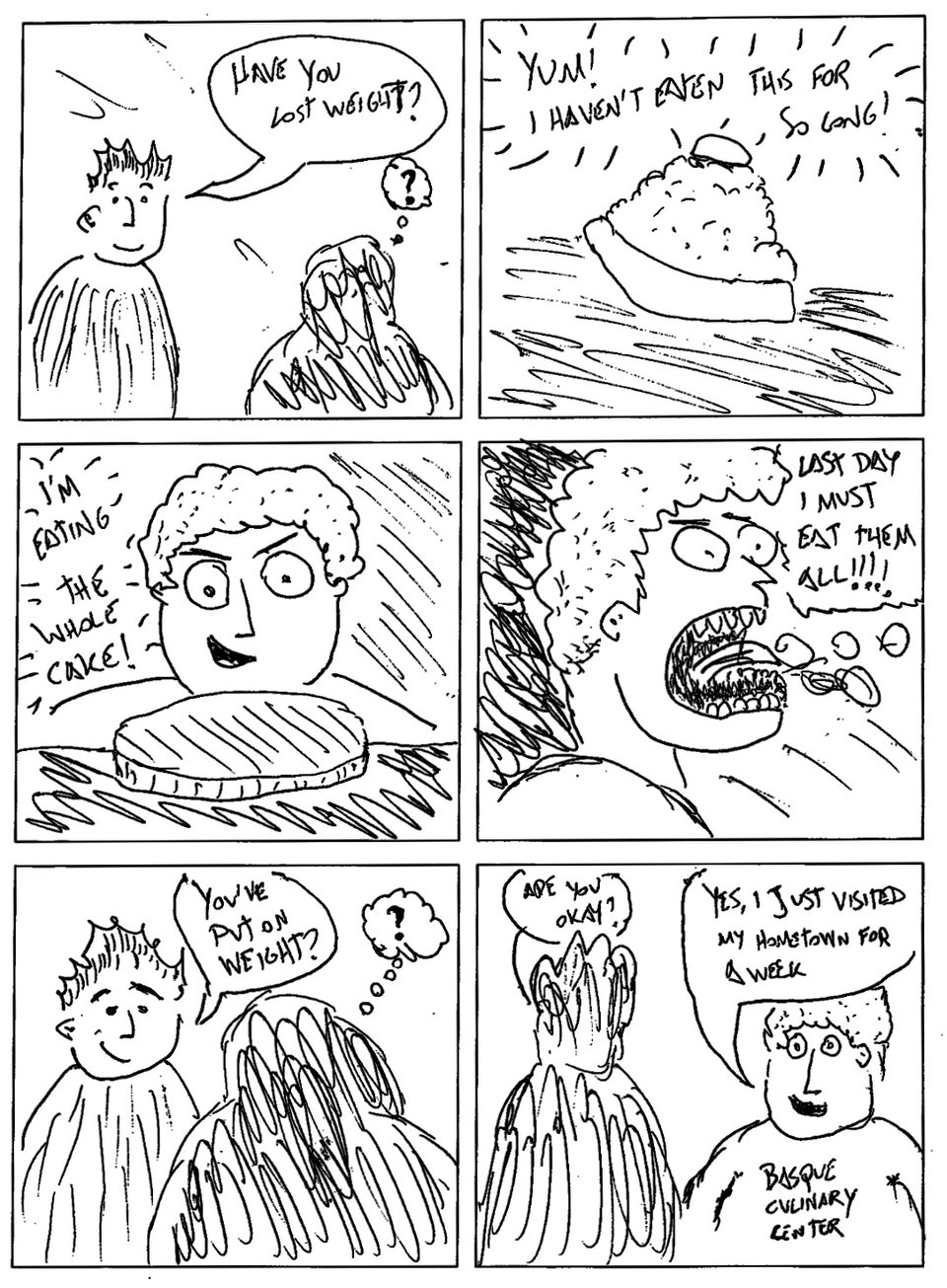 I can't describe the whole comic but it's basically a joke about how obsessed I get with food every time I visit the Basque Country. I eat all the local delicacies I cannot get in Australia and as a result I put on weight. Every time.