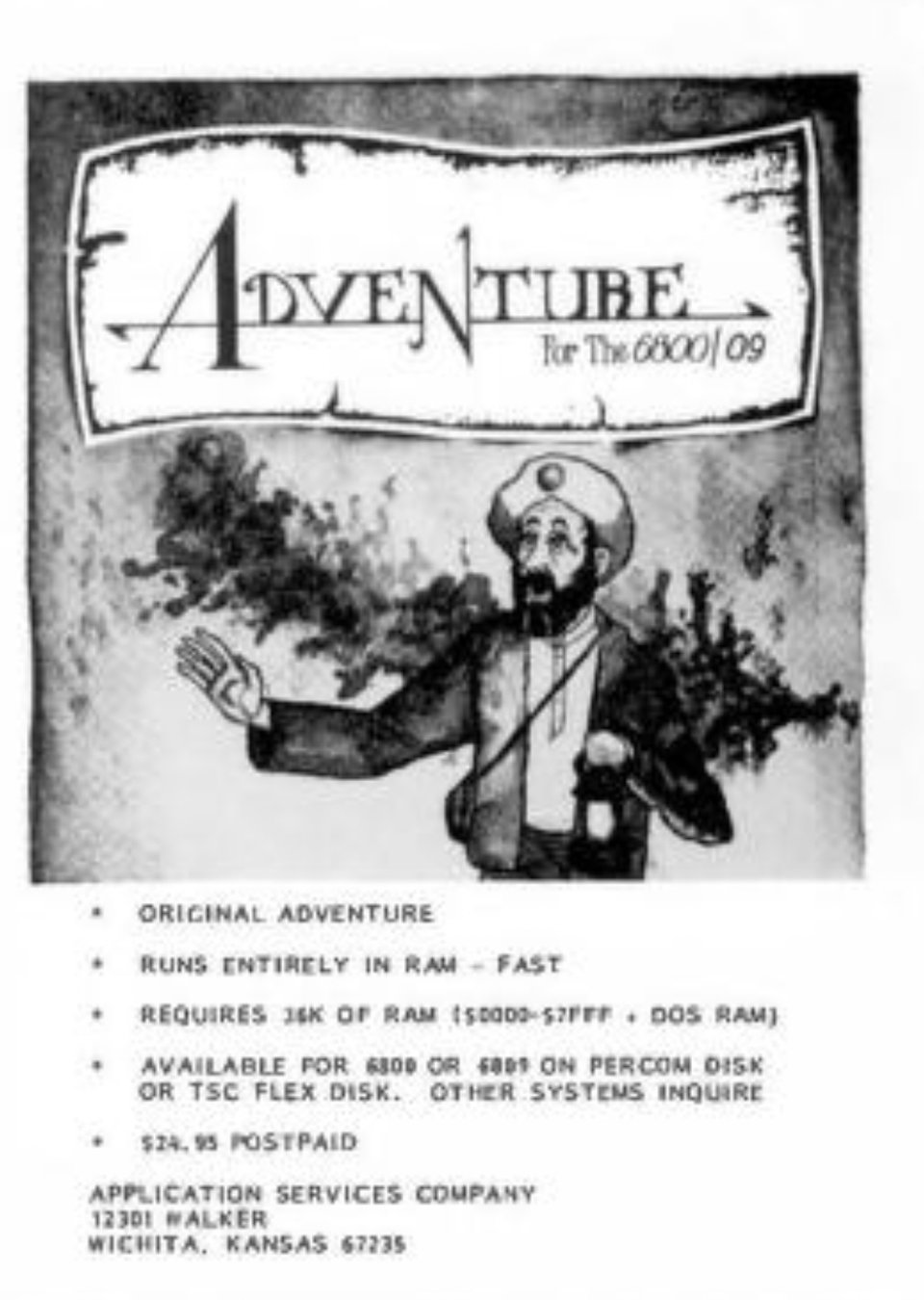 Black and white fuzzy scan of a bearded adventurer, looking surprised. The text under the image describes the game and how to order it.