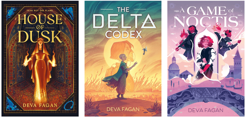three book covers. L-R: House of Dusk, showing a woman in a head covering and long dress with fiery hands; The Delta Codex, showing a child reaching for a flying creature with a sun and superimposed human profile in the background; A Game of Noctis, showing five figures with assorted bows, knives, and swords against a cityscape.