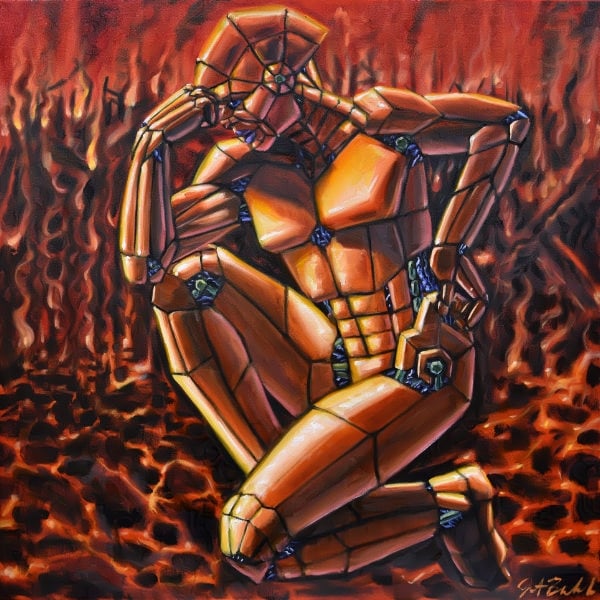 An angular orange humanoid robot with blue and green interior wiring poses in a heroic kneel, one fist on its forehead and one on its hip, in a flaming landscape.