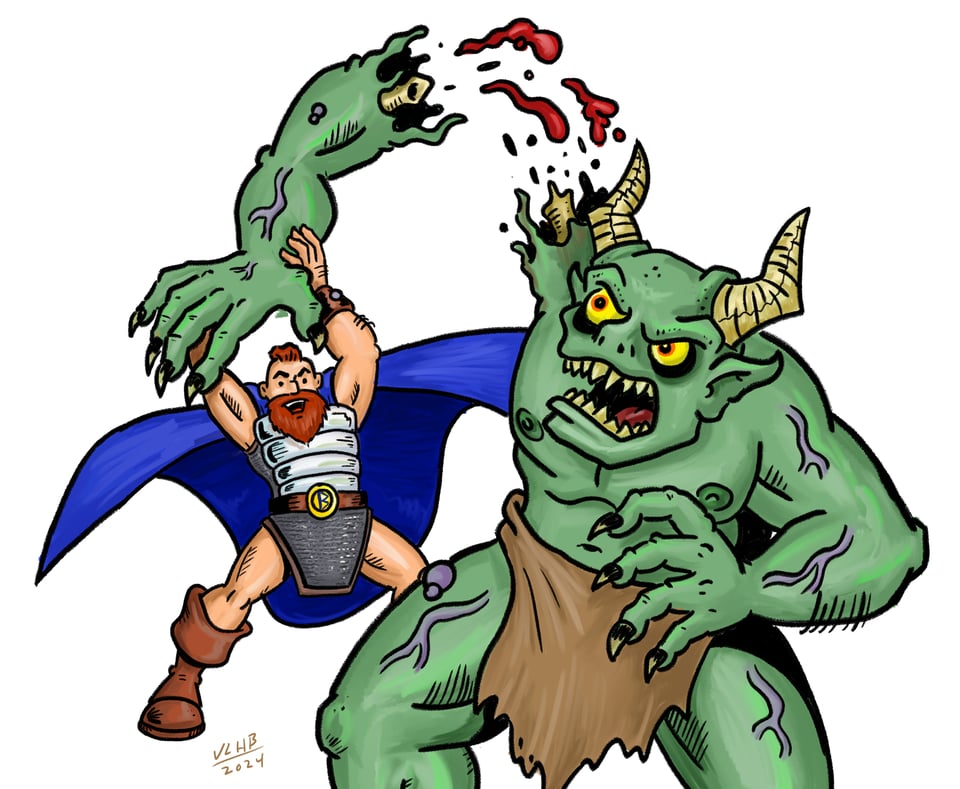 The cover image from Beowulf Vs. Grendel. Beowulf, a muscular man wearing a cape, is ripping the arm off Grendel, a green humanoid monster.