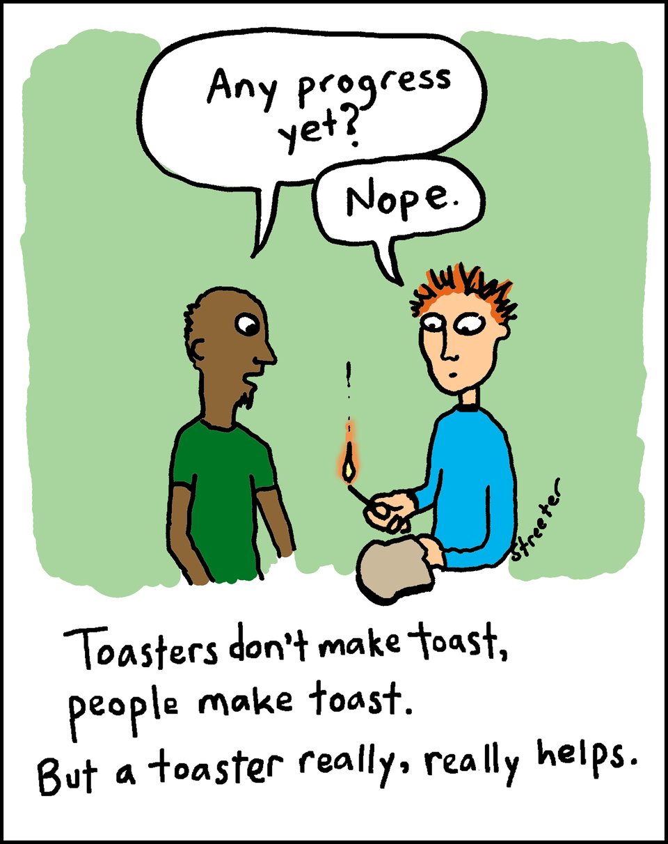 Cartoon about how toasters help people make toast