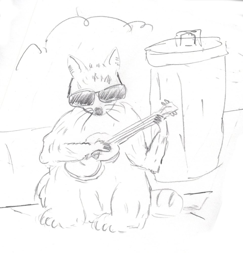 a cartoon of a raccoon wearing sunglasses and playing a guitar next to a garbage can