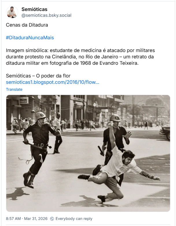 Post de Semióticas (@semioticas.bsky.social): Cenas da Ditadura
#DitaduraNuncaMais
Imagem simbólica: estudante de medicina é atacado por militares durante protesto na Cinelândia, no Rio de Janeiro – um retrato da ditadura militar em fotografia de 1968 de Evandro Teixeira.
Semióticas – O poder da flor
semioticas1.blogspot.com/2016/10/flow...
(imagem conforme descrita no post)