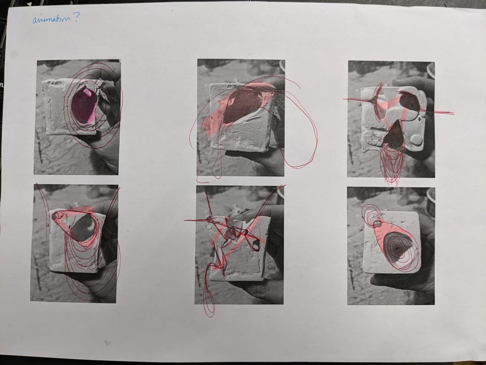 doodles in ball point and highlighter on images of the six sides of a bone cube