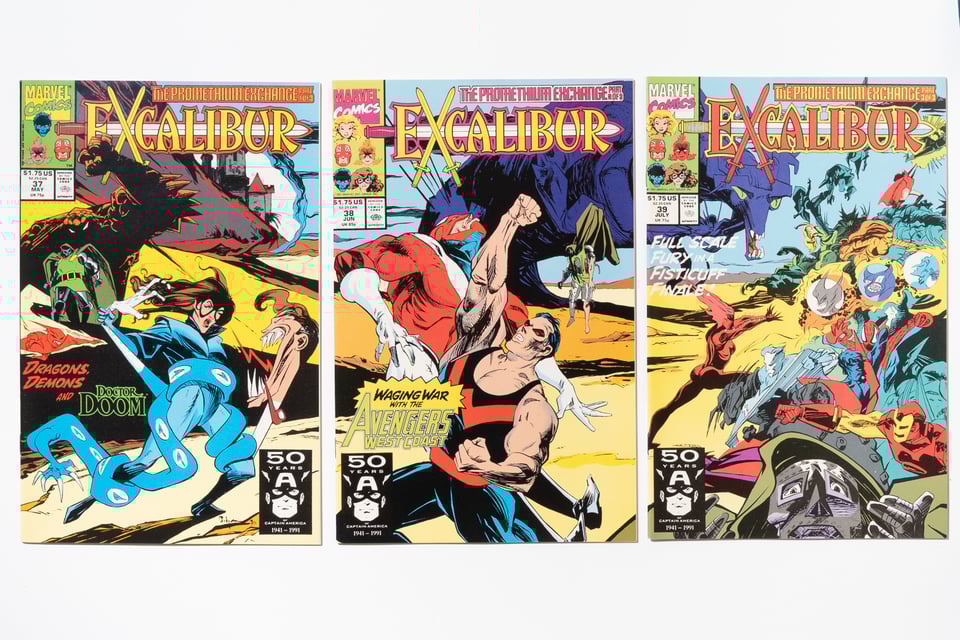 the covers of Excalibur 37, 38, 39 that form one big image if the team and Dr. Doom and The West Coast Avengers fighting Limbo demons. Art by Mark Badger