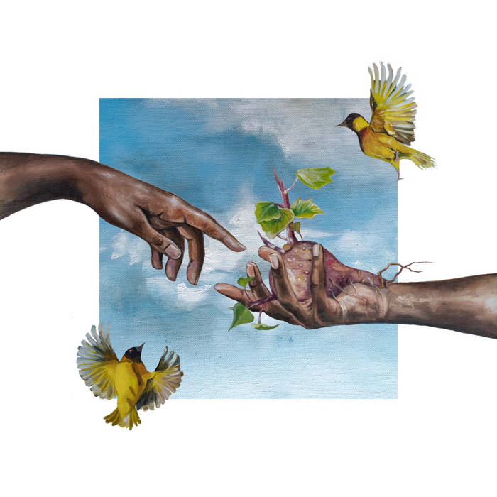album art illustration: hands reach to touch each other holding a small tree against a square patch of sky - yellow birds flutter through the frame