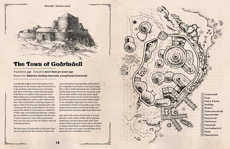 A spread on the town of Godrindell including a map