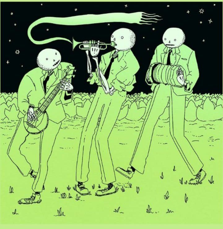 Illustration in green hues of three skeletons wearing suits and ties. The one in the center is wearing only a shirt and tie, no blazer. Left one is playing a Banjo type instrument, middle one is playing a trumpet and the right one an according. There's a black starry sky behind them. There's a wispy flag type shape coming out of the trumpet.